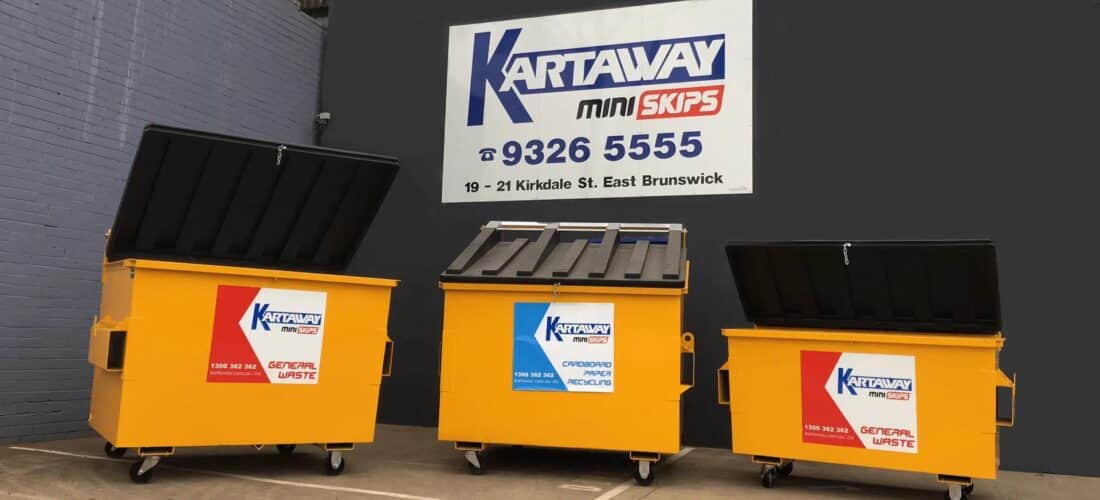 Kartaway skip bins of three different sizes placed side by side.